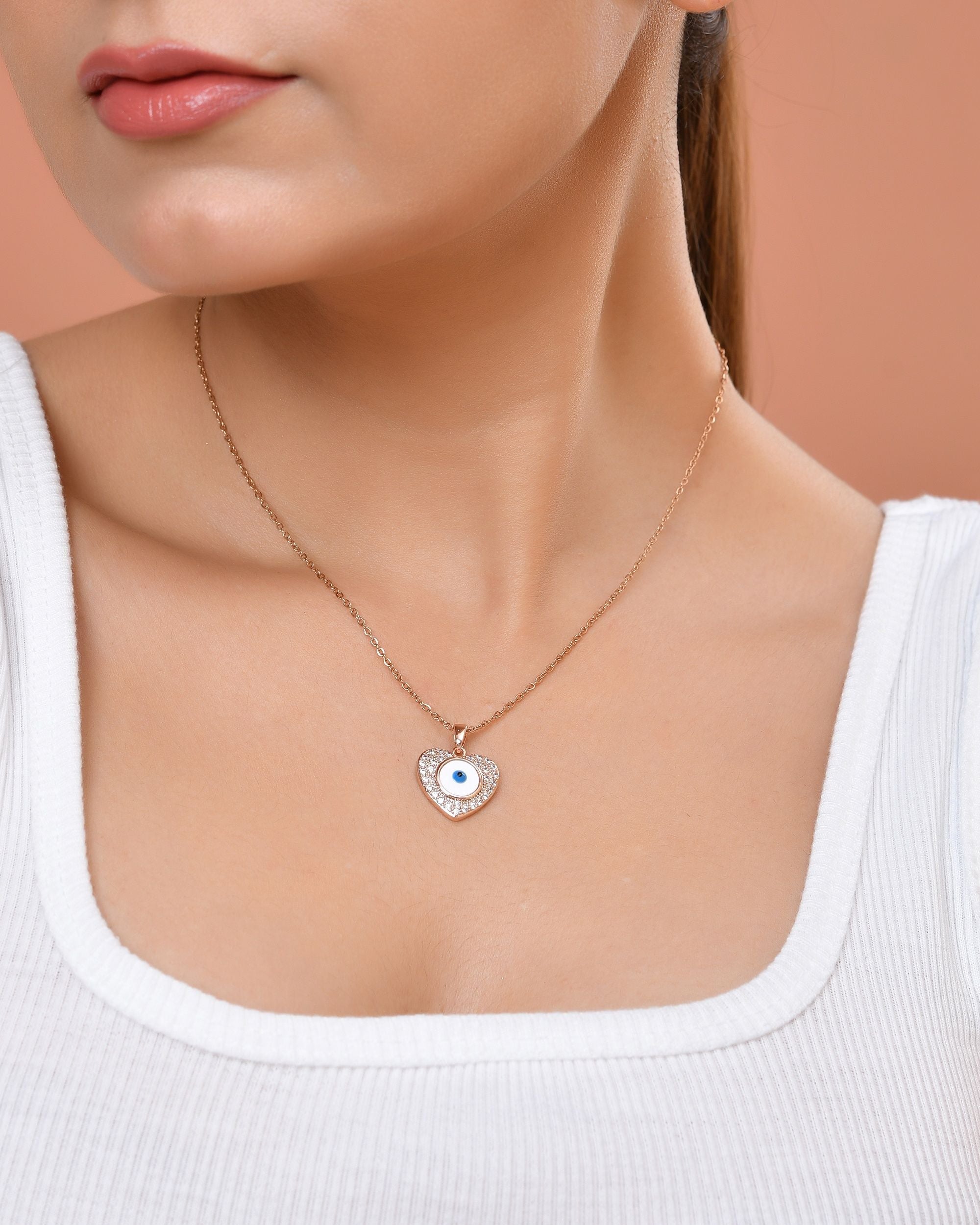 VOJ Gold Plated Heart Shaped Ad Stone Studded Evil Eye Pendant With Chain - Dista