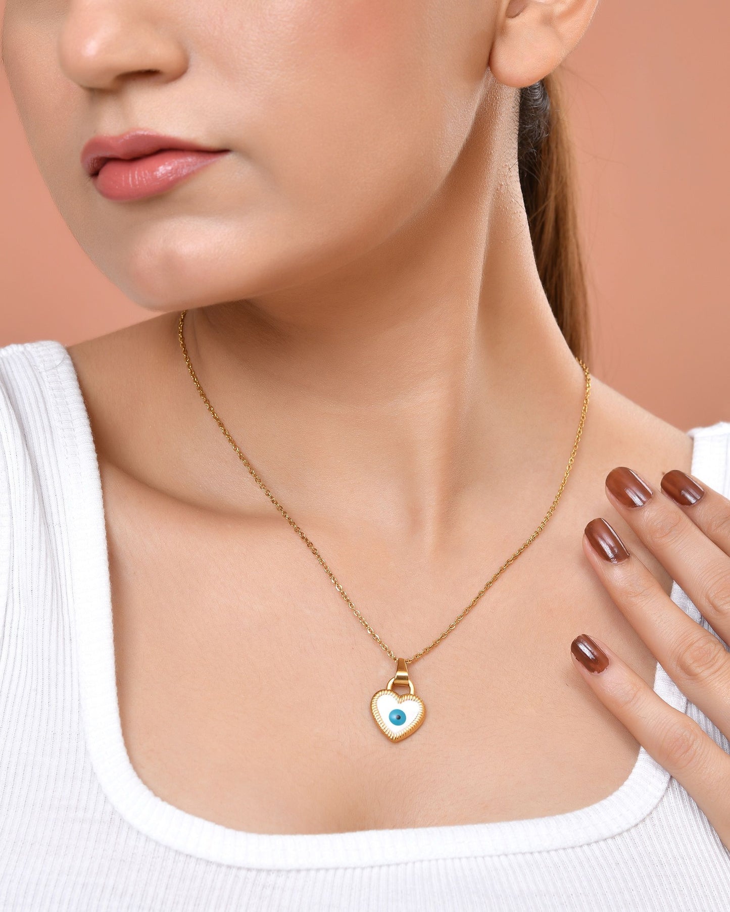 VOJ Gold Plated Heart Shaped Evil Eye Pendant With Chain - Dista