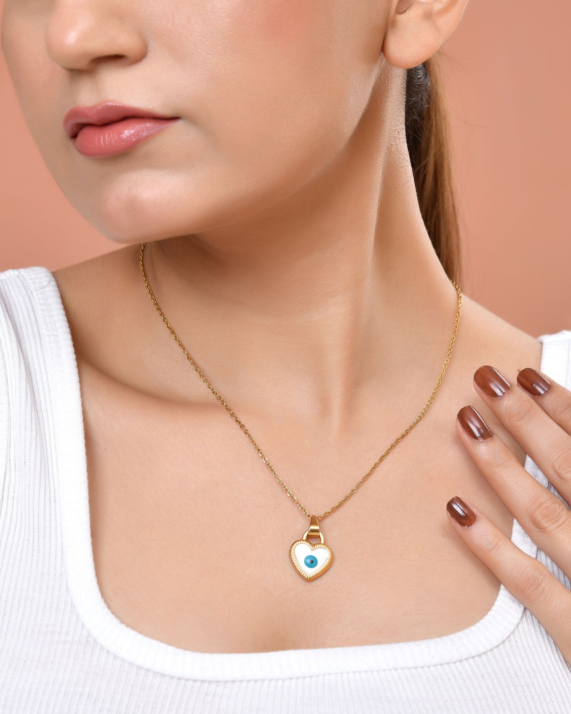 VOJ Gold Plated Heart Shaped Evil Eye Pendant With Chain - Dista