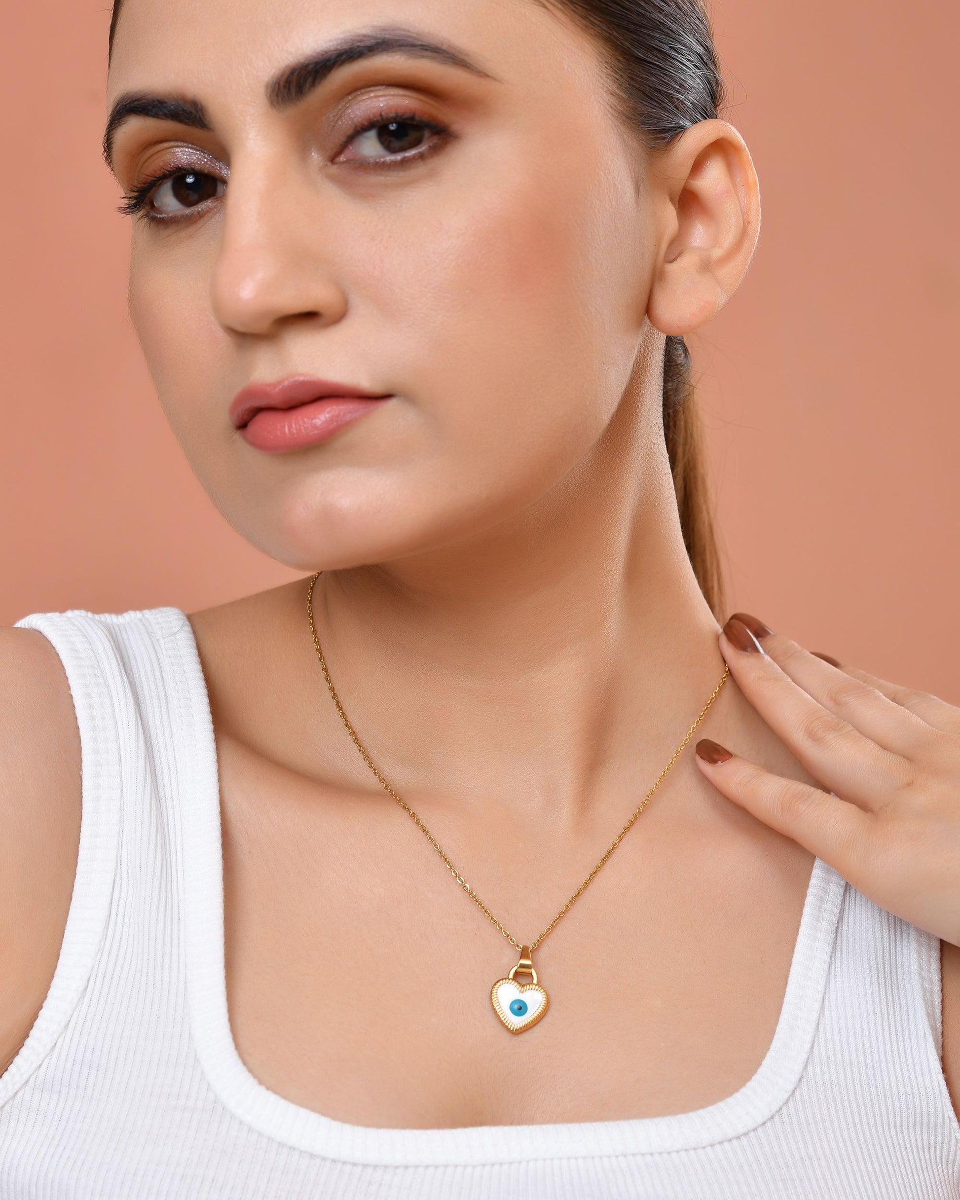 VOJ Gold Plated Heart Shaped Evil Eye Pendant With Chain - Dista