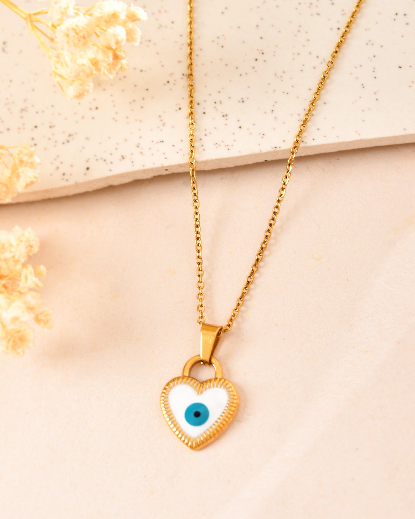 VOJ Gold Plated Heart Shaped Evil Eye Pendant With Chain - Dista