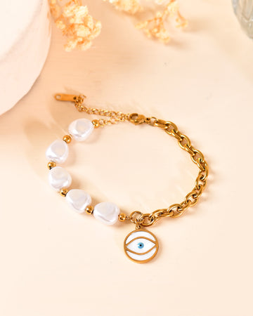 VOJ Gold Plated Pearl And Evil Eye Bracelet For Women - Dista