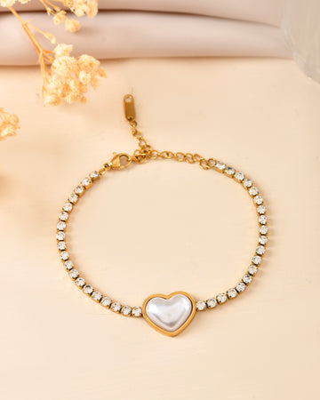 VOJ Gold Plated Ad Stone Studded With Heart Shaped Pearl Bracelet For Women - Dista