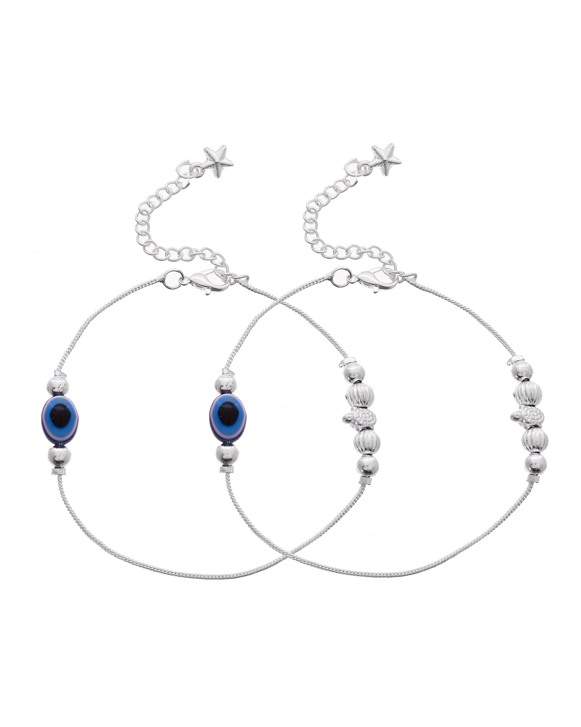 VOJ Set Of 2 Silver Plated Evil Eye Beads Anklet - Dista