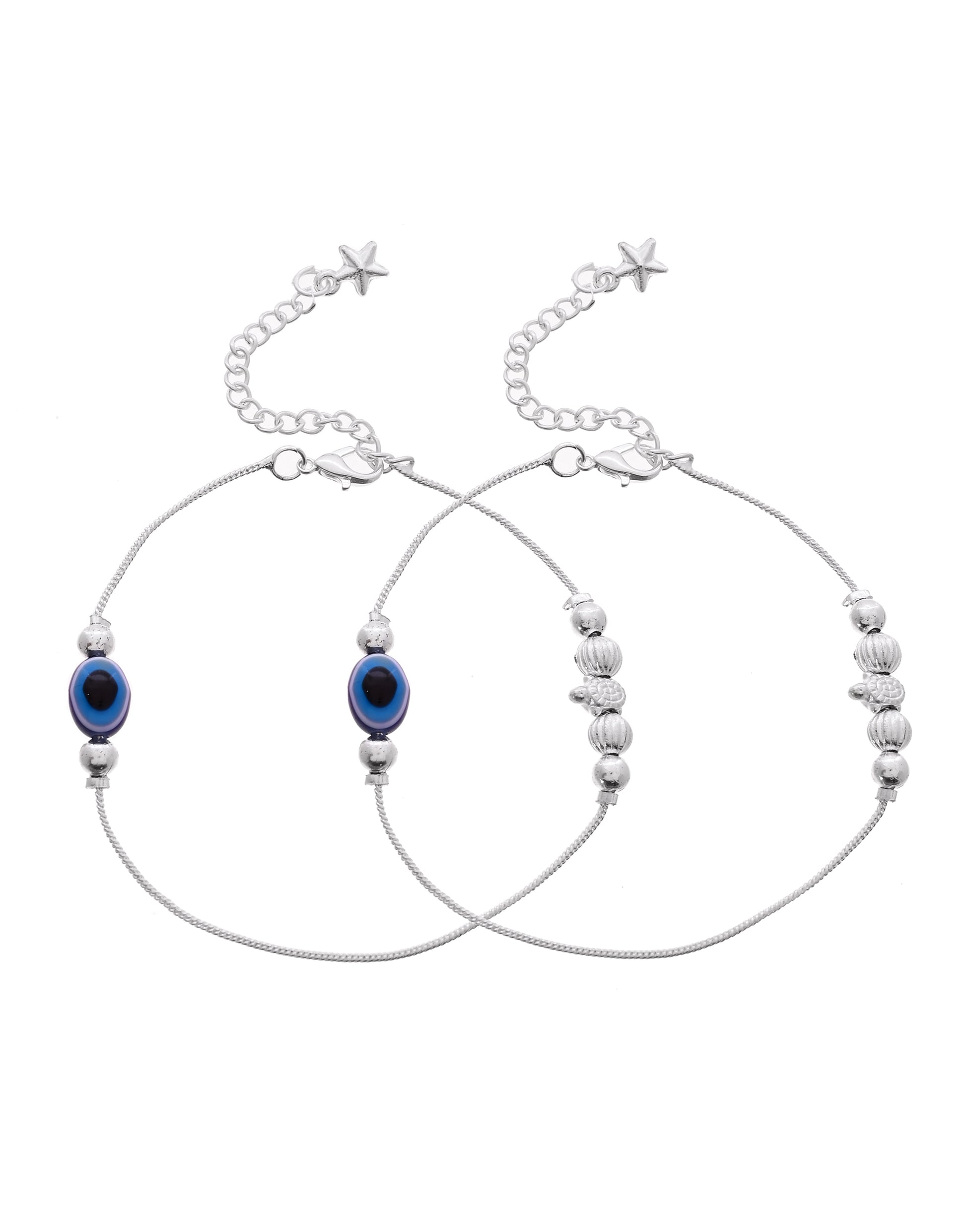 VOJ Set Of 2 Silver Plated Evil Eye Beads Anklet - Dista
