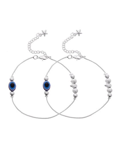 VOJ Set Of 2 Silver Plated Evil Eye Beads Anklet - Dista