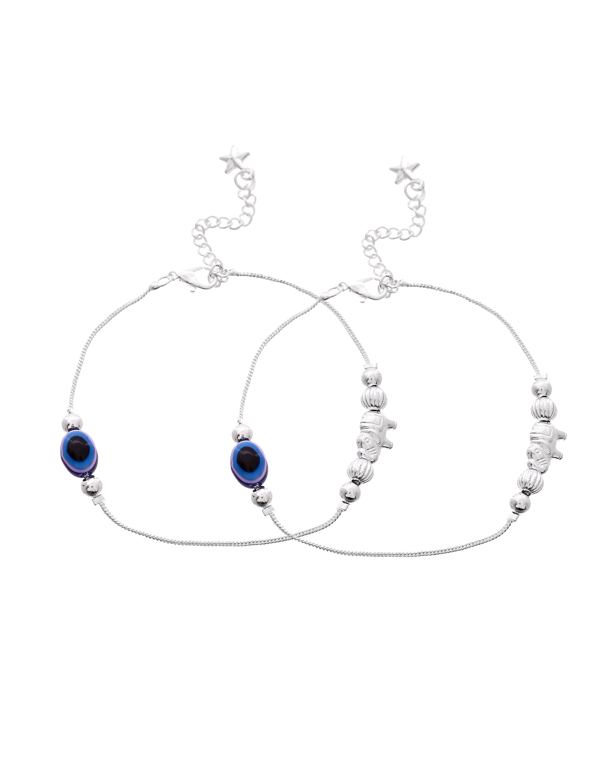 VOJ Set Of 2 Silver Plated Evil Eye Beads Anklet - Dista