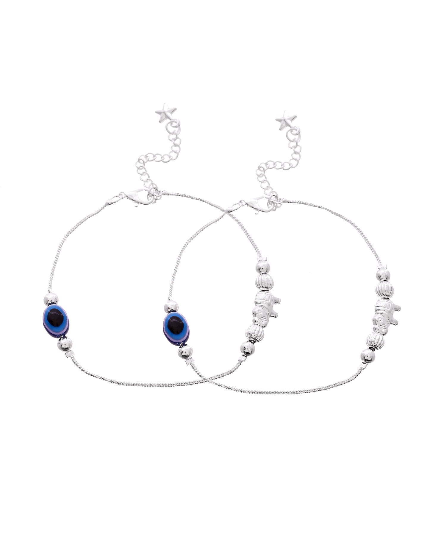 VOJ Set Of 2 Silver Plated Evil Eye Beads Anklet - Dista
