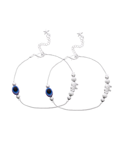 VOJ Set Of 2 Silver Plated Evil Eye Beads Anklet - Dista
