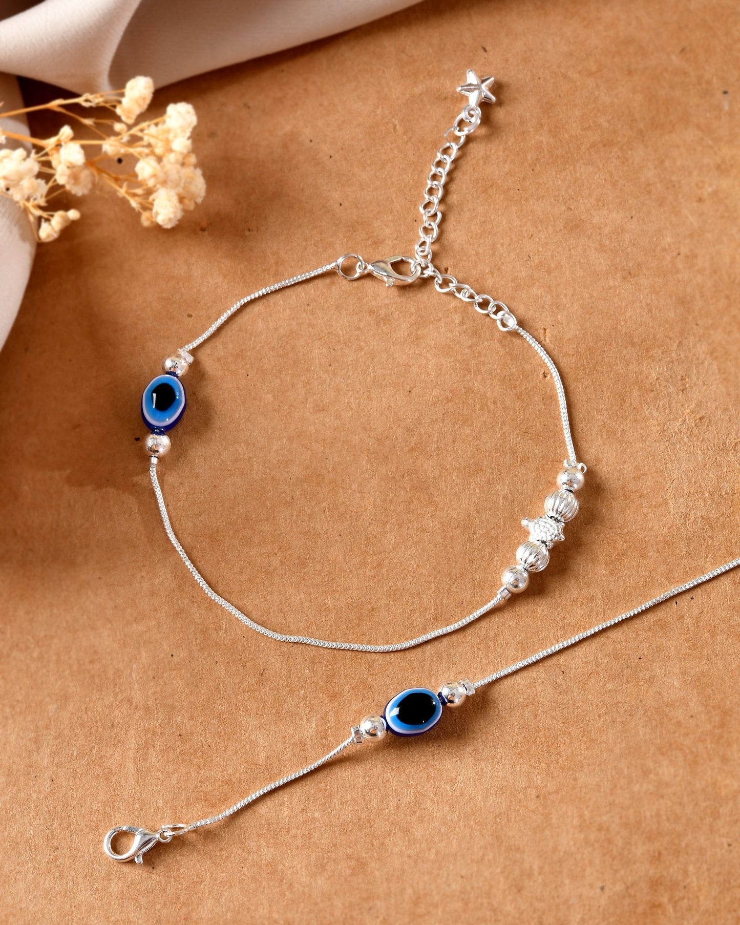 VOJ Set Of 2 Silver Plated Evil Eye Beads Anklet - Dista