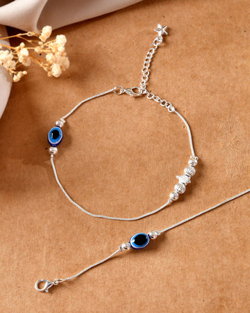 VOJ Set Of 2 Silver Plated Evil Eye Beads Anklet - Dista