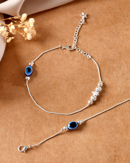 VOJ Set Of 2 Silver Plated Evil Eye Beads Anklet - Dista