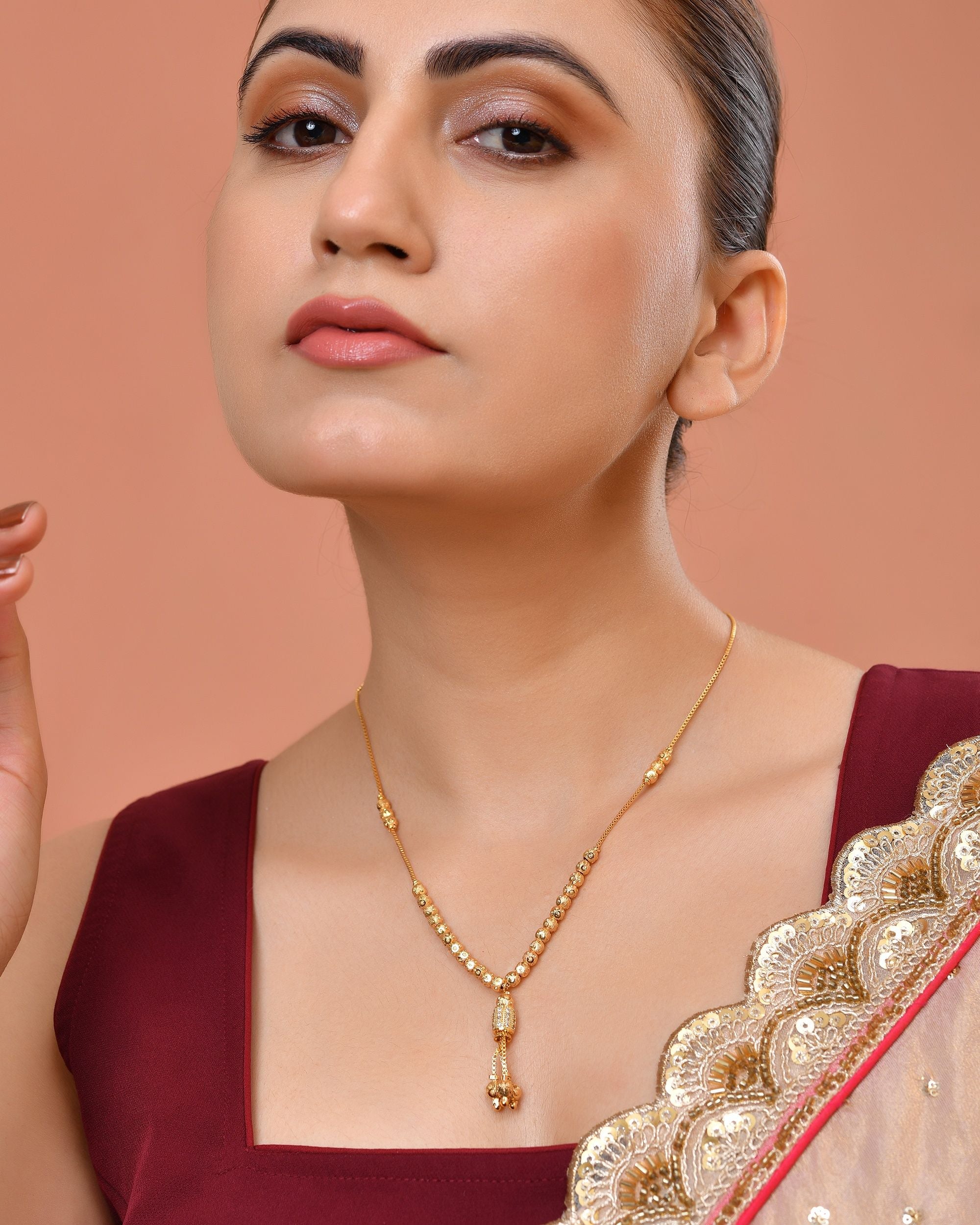 VOJ Gold Plated Stone Studded Cylindrical Shaped Chain For Women - Dista