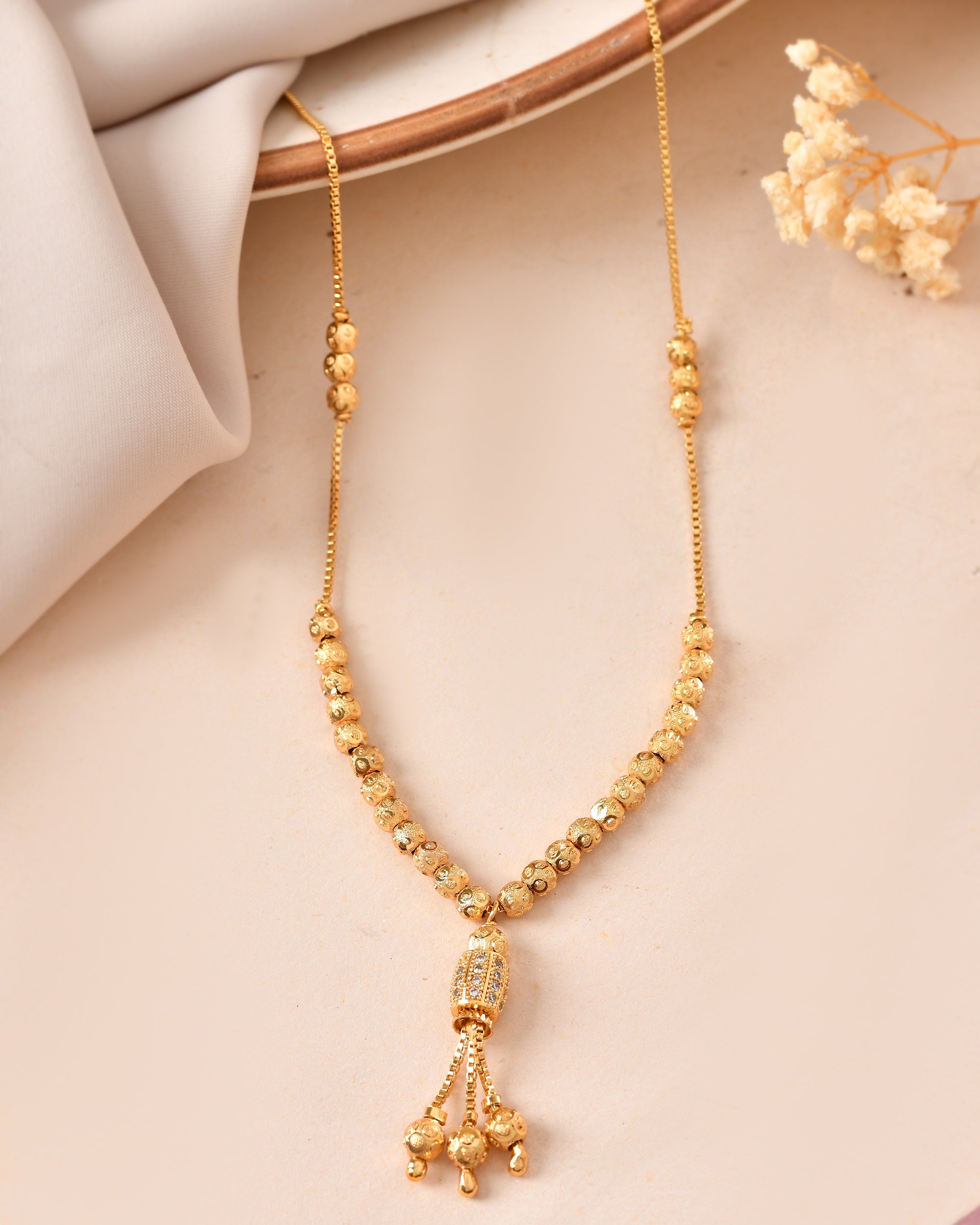 VOJ Gold Plated Stone Studded Cylindrical Shaped Chain For Women