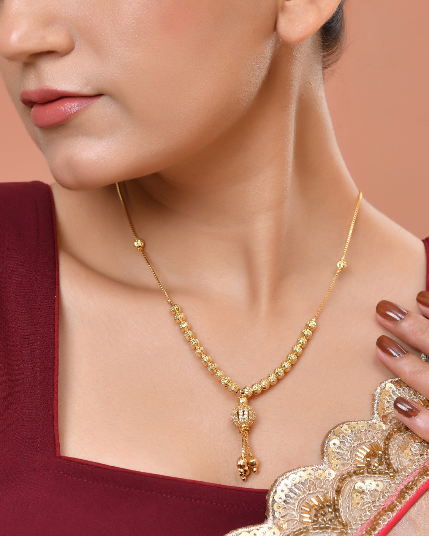 VOJ Gold Plated Stone Studded Circular Shaped Chain For Women - Dista