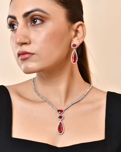 VOJ Silver-Plated Ad & Ruby Red Cubic Zirconia Studded Jewellery Set - Dista