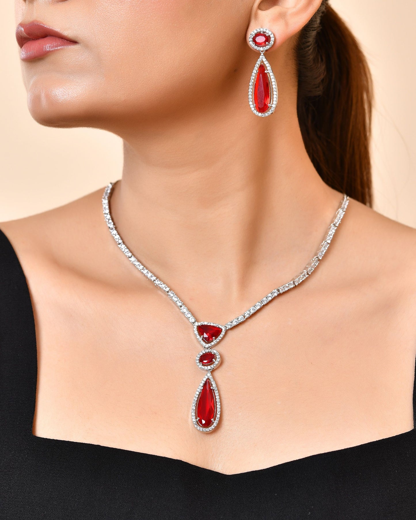VOJ Silver-Plated Ad & Ruby Red Cubic Zirconia Studded Jewellery Set - Dista