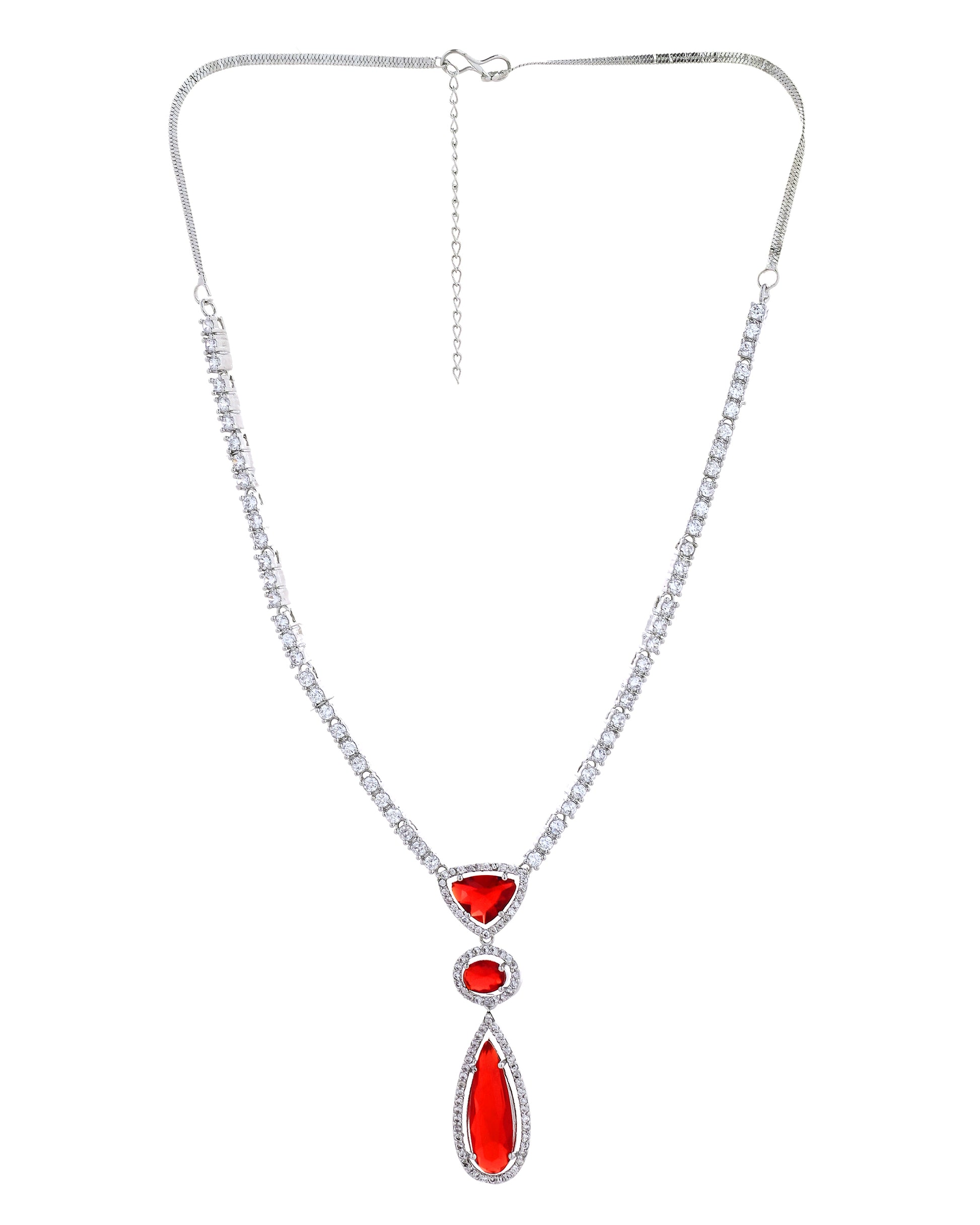 VOJ Silver-Plated Ad & Ruby Red Cubic Zirconia Studded Jewellery Set - Dista