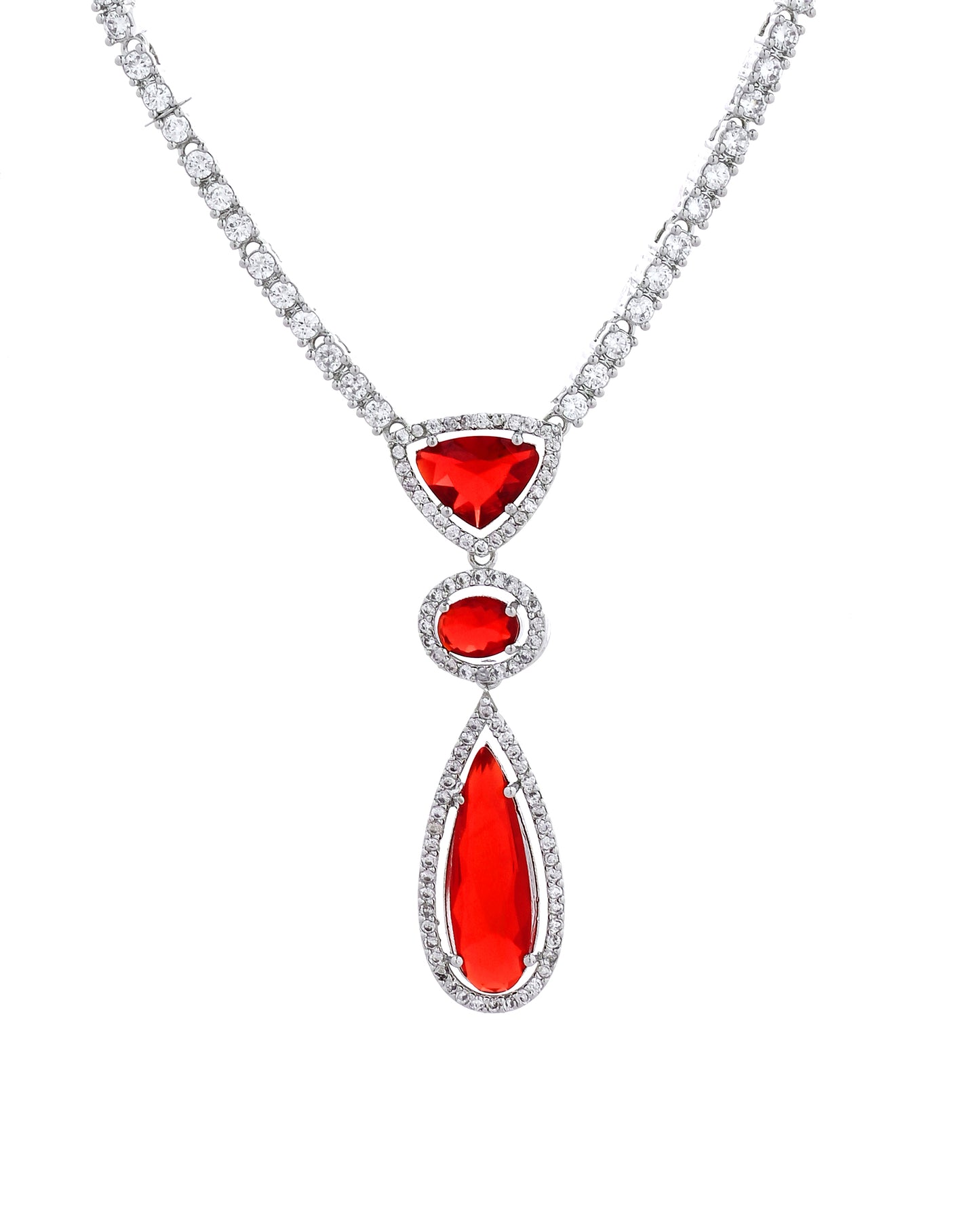 VOJ Silver-Plated Ad & Ruby Red Cubic Zirconia Studded Jewellery Set - Dista
