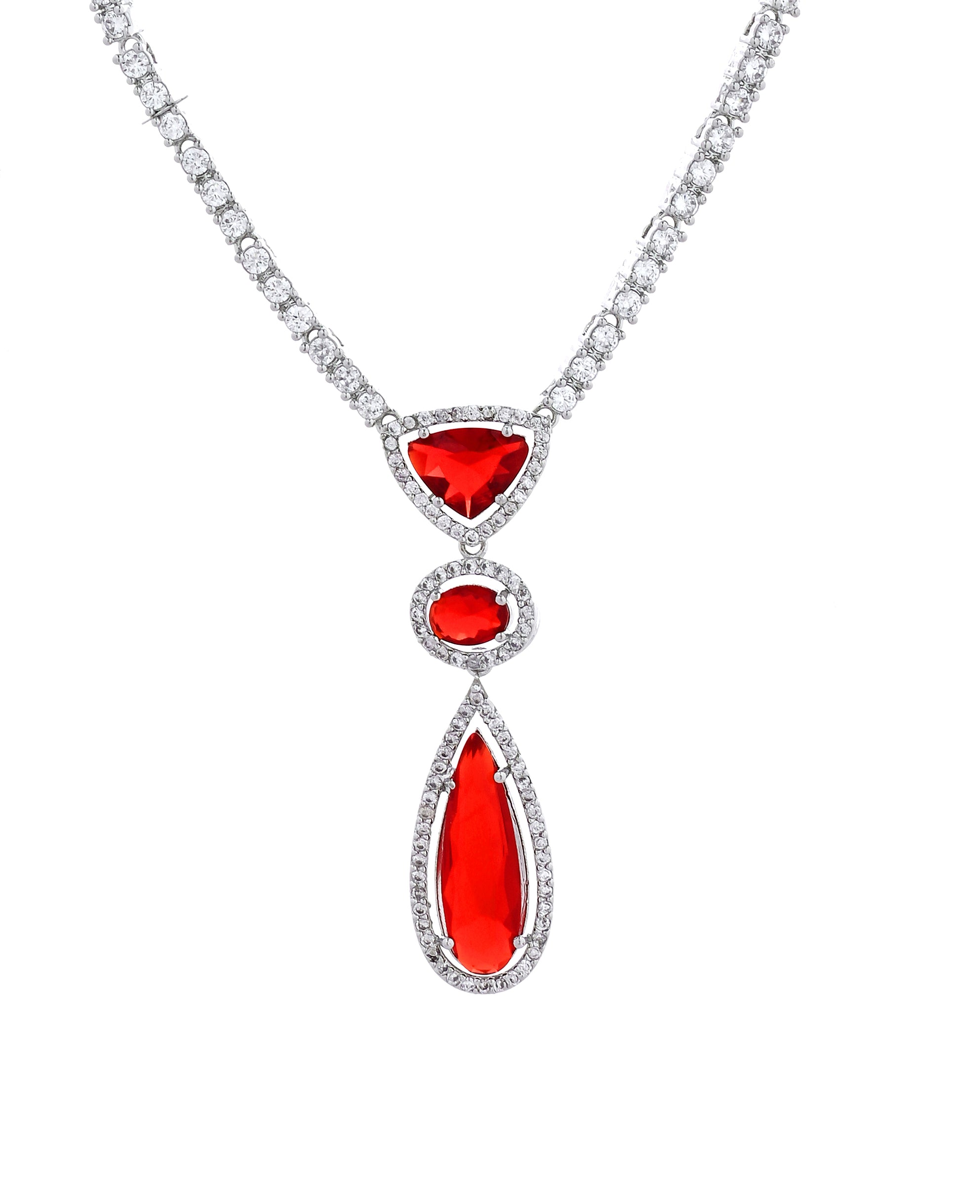 VOJ Silver-Plated Ad & Ruby Red Cubic Zirconia Studded Jewellery Set - Dista