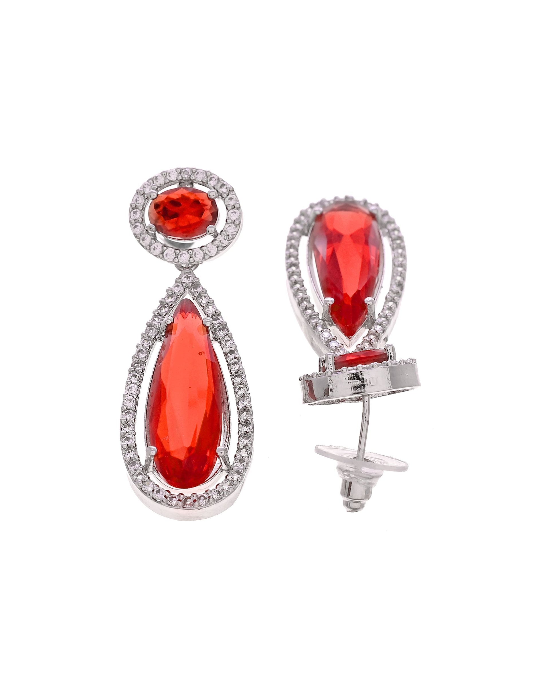 VOJ Silver-Plated Ad & Ruby Red Cubic Zirconia Studded Jewellery Set - Dista
