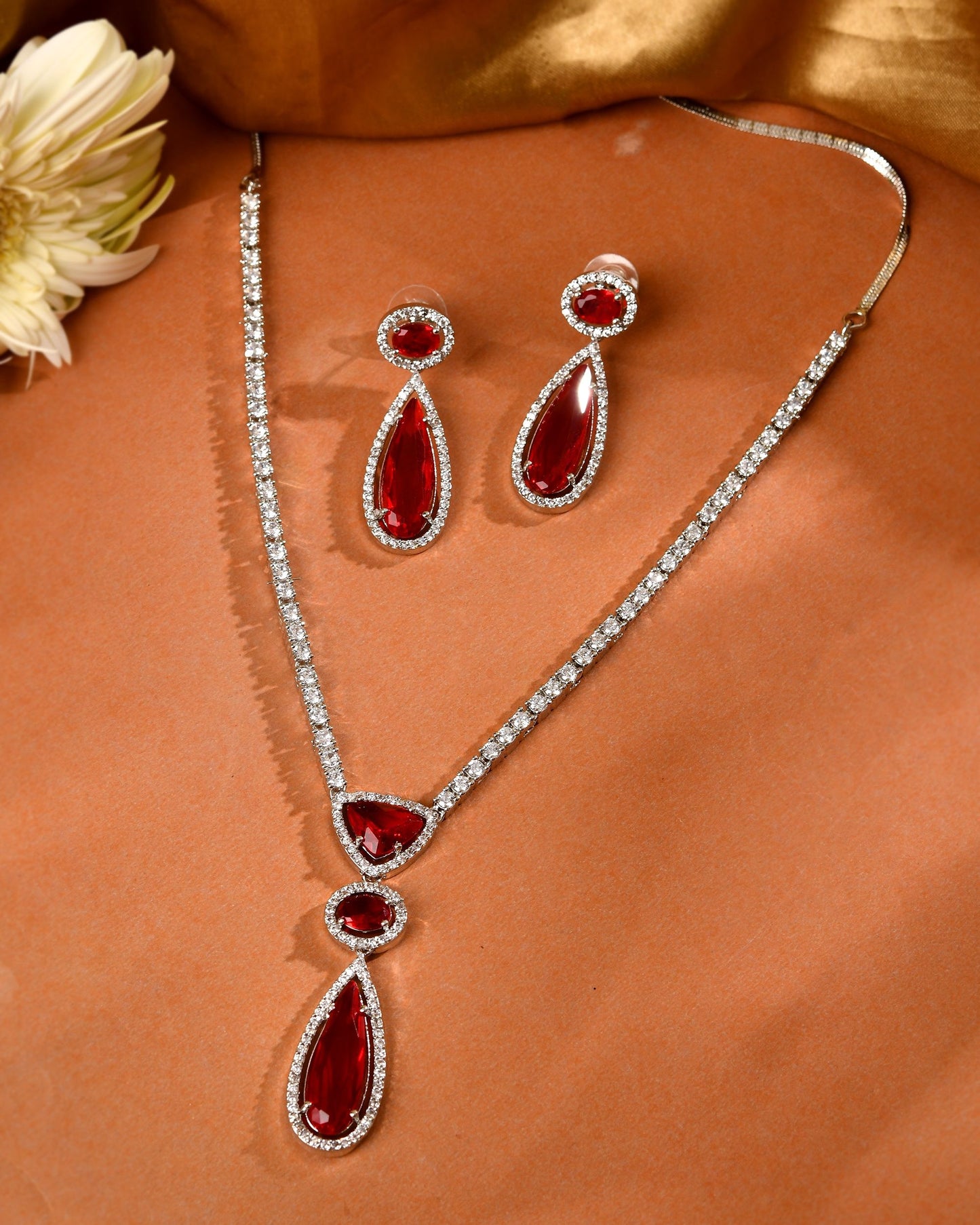 VOJ Silver-Plated Ad & Ruby Red Cubic Zirconia Studded Jewellery Set - Dista