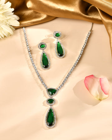 VOJ Silver-Plated Ad & Green Cubic Zirconia Studded Jewellery Set - Dista