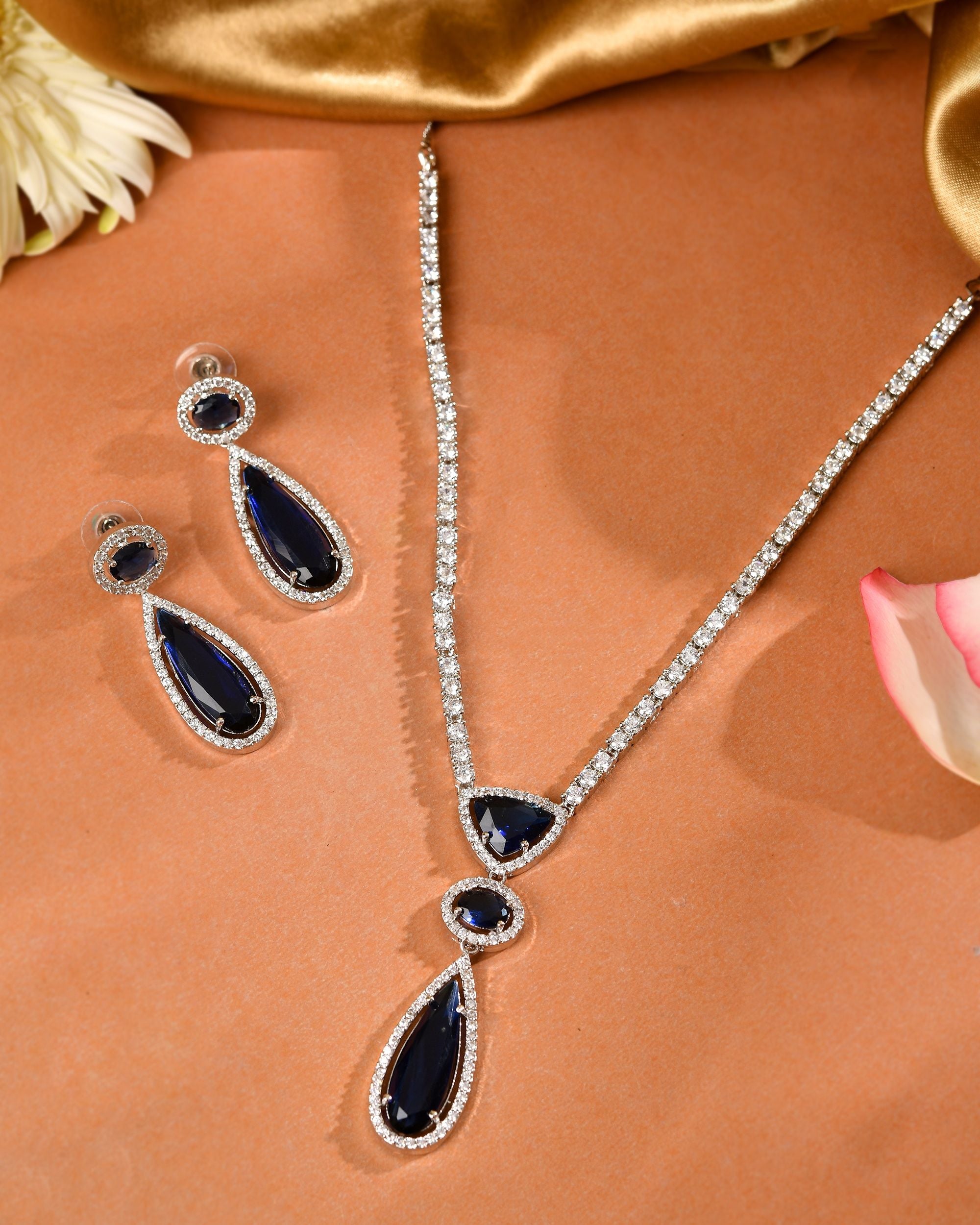 VOJ Silver-Plated Ad & Blue Cubic Zirconia Studded Jewellery Set