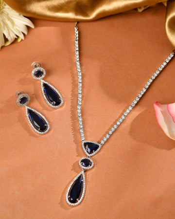 VOJ Silver-Plated Ad & Blue Cubic Zirconia Studded Jewellery Set - Dista