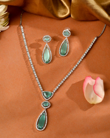 VOJ Silver-Plated Ad & Teal Green Cubic Zirconia Studded Jewellery Set - Dista