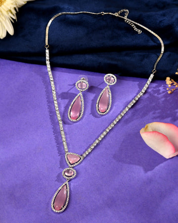 VOJ Silver-Plated Ad & Baby Pink Cubic Zirconia Studded Jewellery Set - Dista