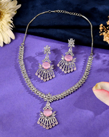 VOJ Silver Toned Cz Stone Studded Baby Pink Jewellery Set - Dista