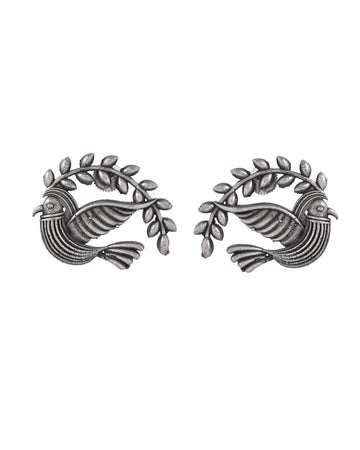 VOJ Silver Plated Bird Designed Oxidized Studs Earrings - Dista