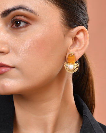 VOJ Gold Plated Yellow Stone And Pearl Dome Shaped Studs Earrings - Dista