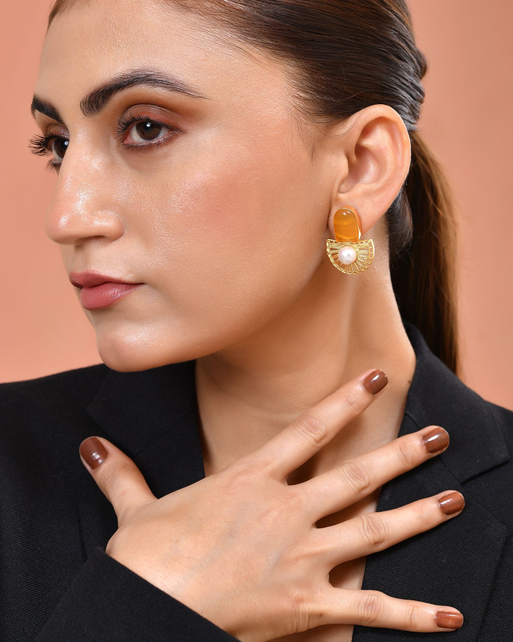 VOJ Gold Plated Yellow Stone And Pearl Dome Shaped Studs Earrings - Dista