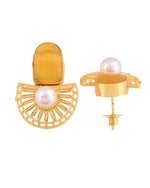 Thumbnail for VOJ Gold Plated Yellow Stone And Pearl Dome Shaped Studs Earrings - Dista