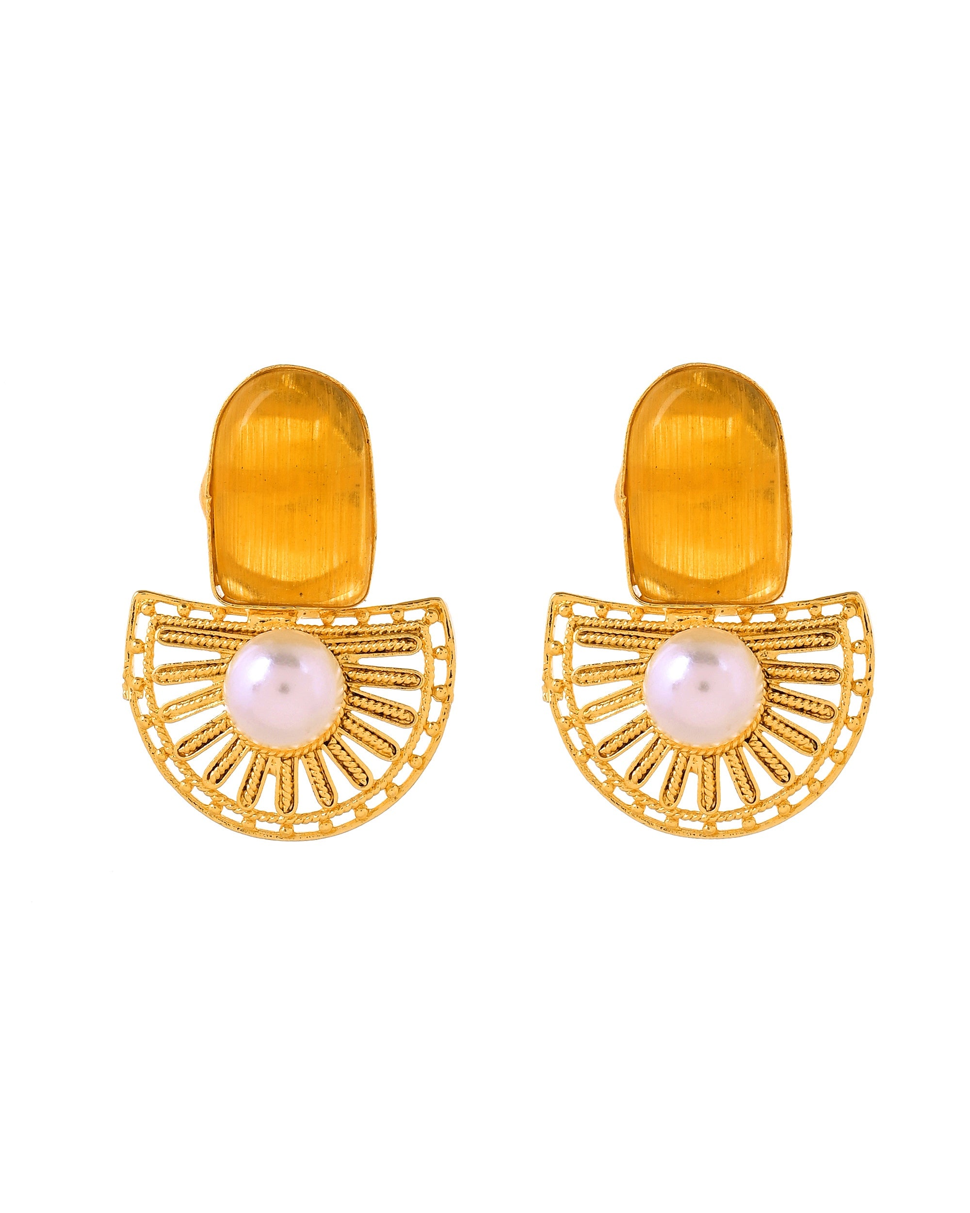 VOJ Gold Plated Yellow Stone And Pearl Dome Shaped Studs Earrings - Dista