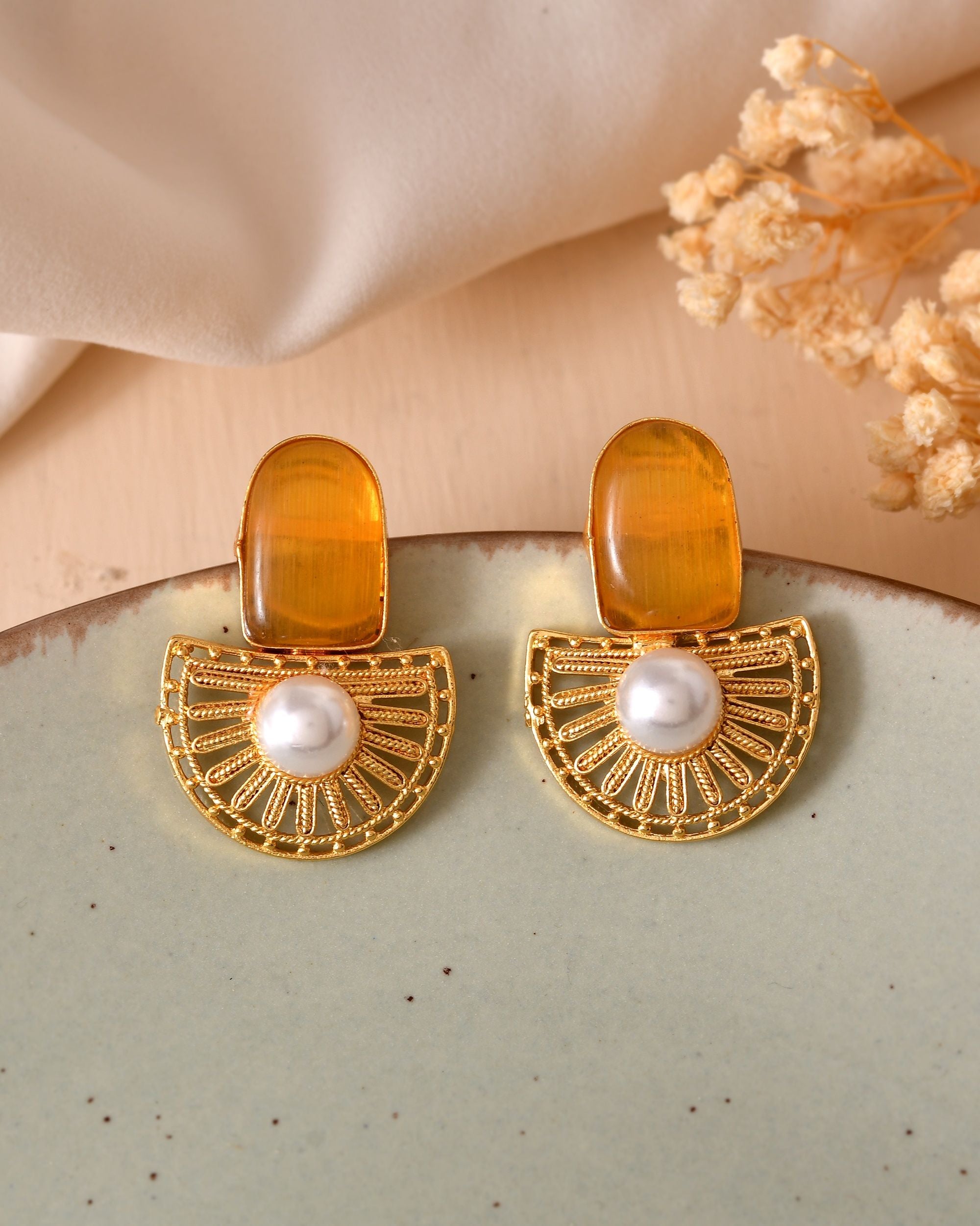 VOJ Gold Plated Yellow Stone And Pearl Dome Shaped Studs Earrings - Dista