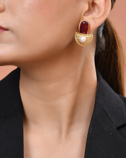 VOJ Gold Plated Red Stone And Pearl Dome Shaped Studs Earrings - Dista