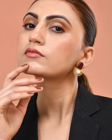 VOJ Gold Plated Red Stone And Pearl Dome Shaped Studs Earrings - Dista