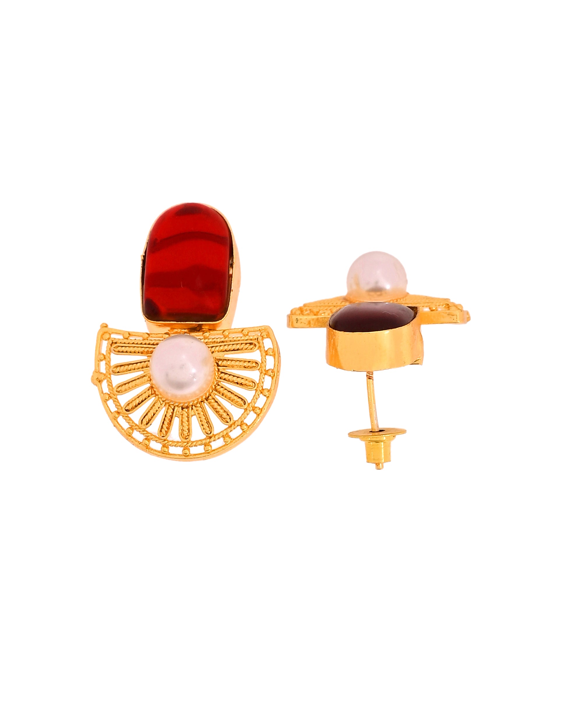 VOJ Gold Plated Red Stone And Pearl Dome Shaped Studs Earrings - Dista