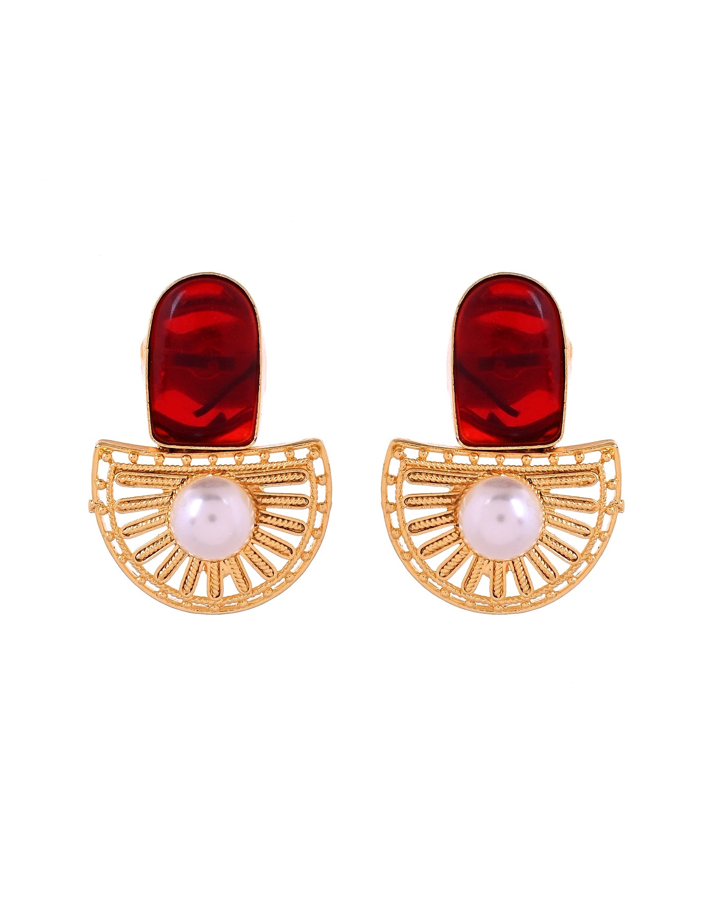 VOJ Gold Plated Red Stone And Pearl Dome Shaped Studs Earrings - Dista
