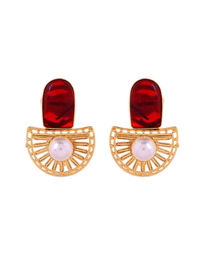 VOJ Gold Plated Red Stone And Pearl Dome Shaped Studs Earrings - Dista