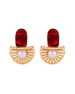 Thumbnail for VOJ Gold Plated Red Stone And Pearl Dome Shaped Studs Earrings - Dista