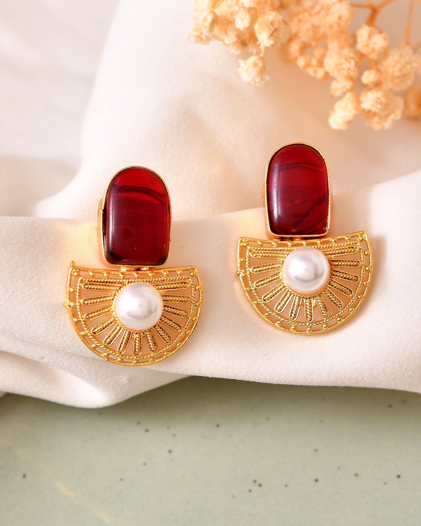 VOJ Gold Plated Red Stone And Pearl Dome Shaped Studs Earrings - Dista