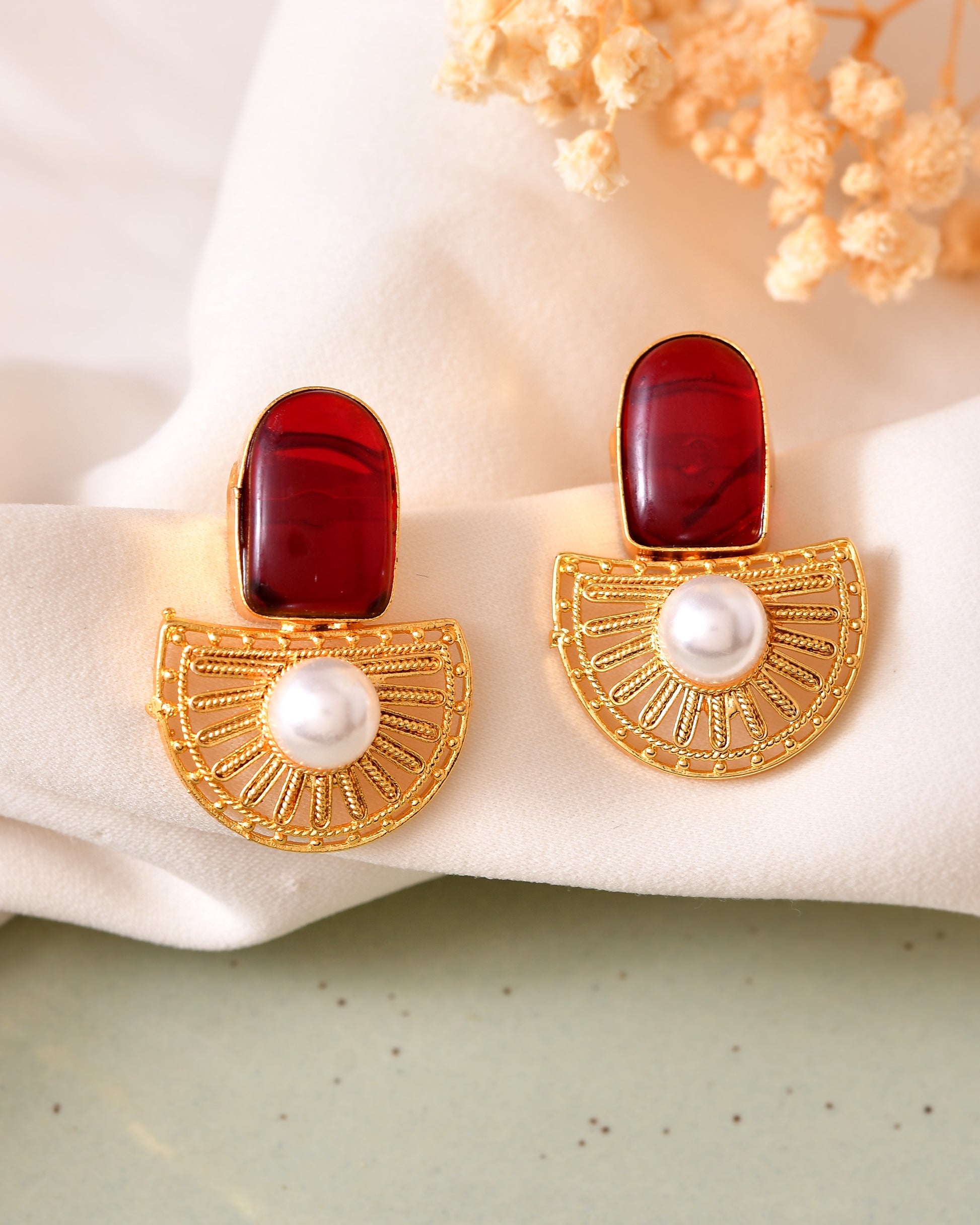 VOJ Gold Plated Red Stone And Pearl Dome Shaped Studs Earrings - Dista