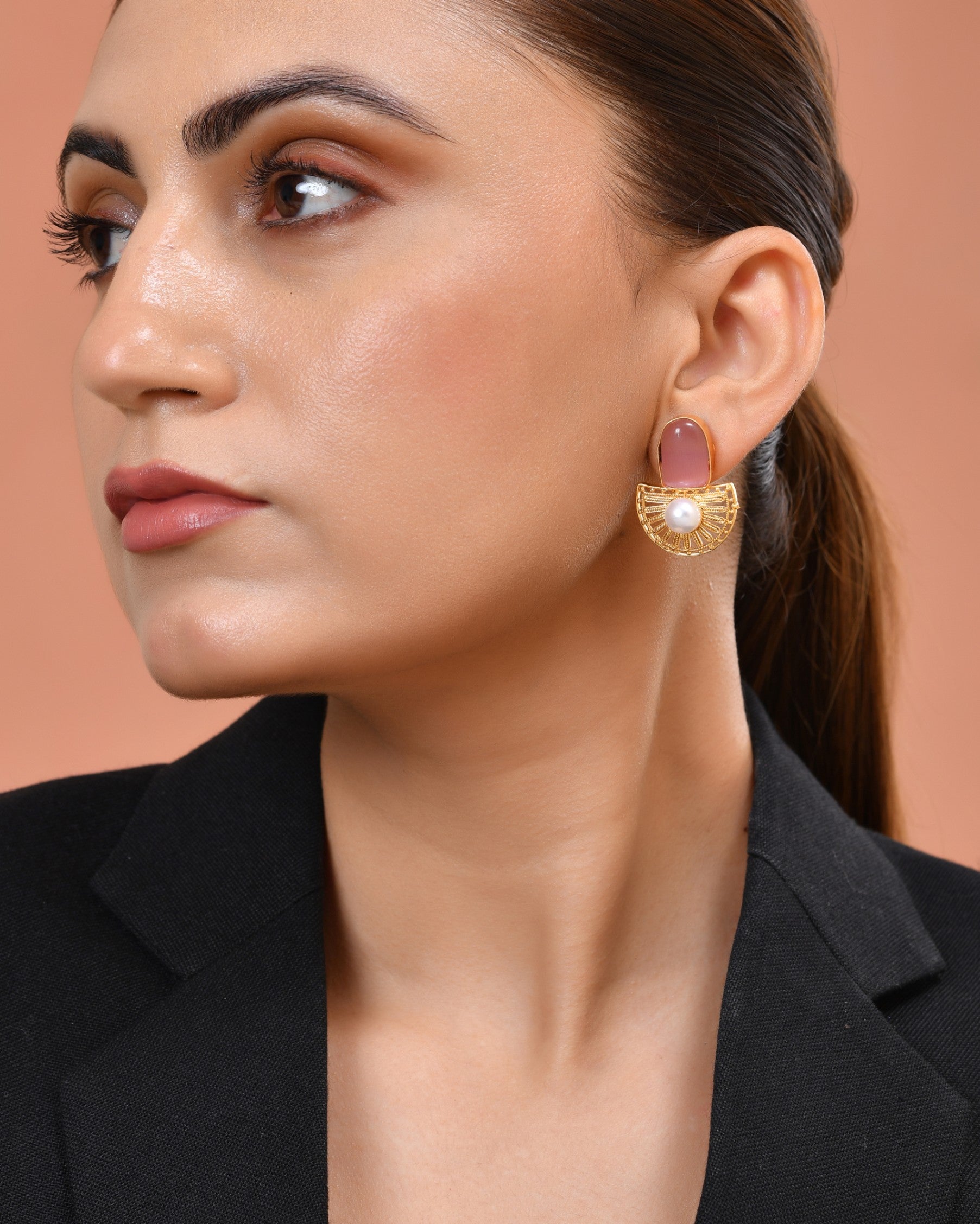 VOJ Gold Plated Pink Stone And Pearl Dome Shaped Studs Earrings - Dista