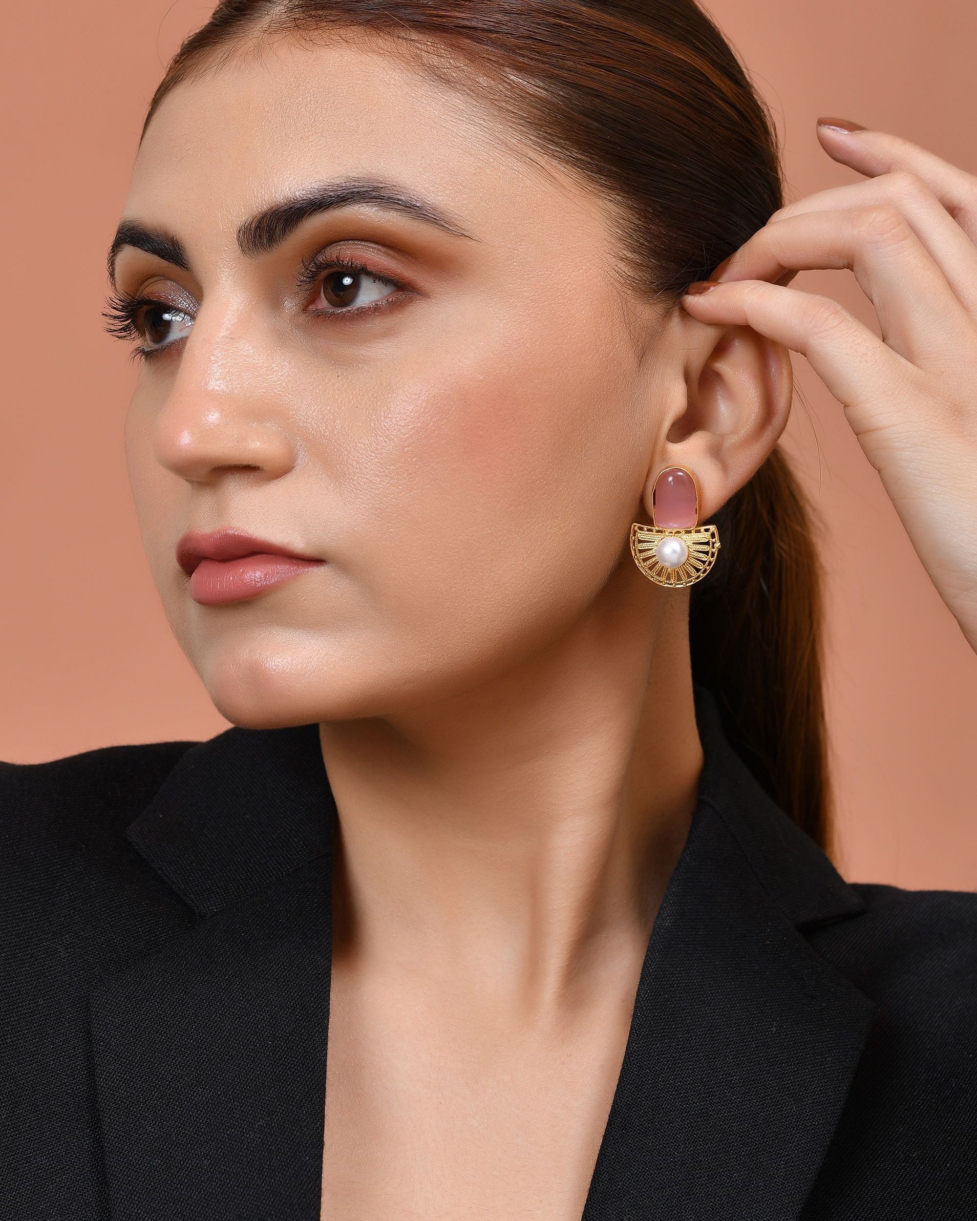 VOJ Gold Plated Pink Stone And Pearl Dome Shaped Studs Earrings - Dista