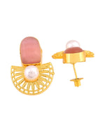 Thumbnail for VOJ Gold Plated Pink Stone And Pearl Dome Shaped Studs Earrings - Dista