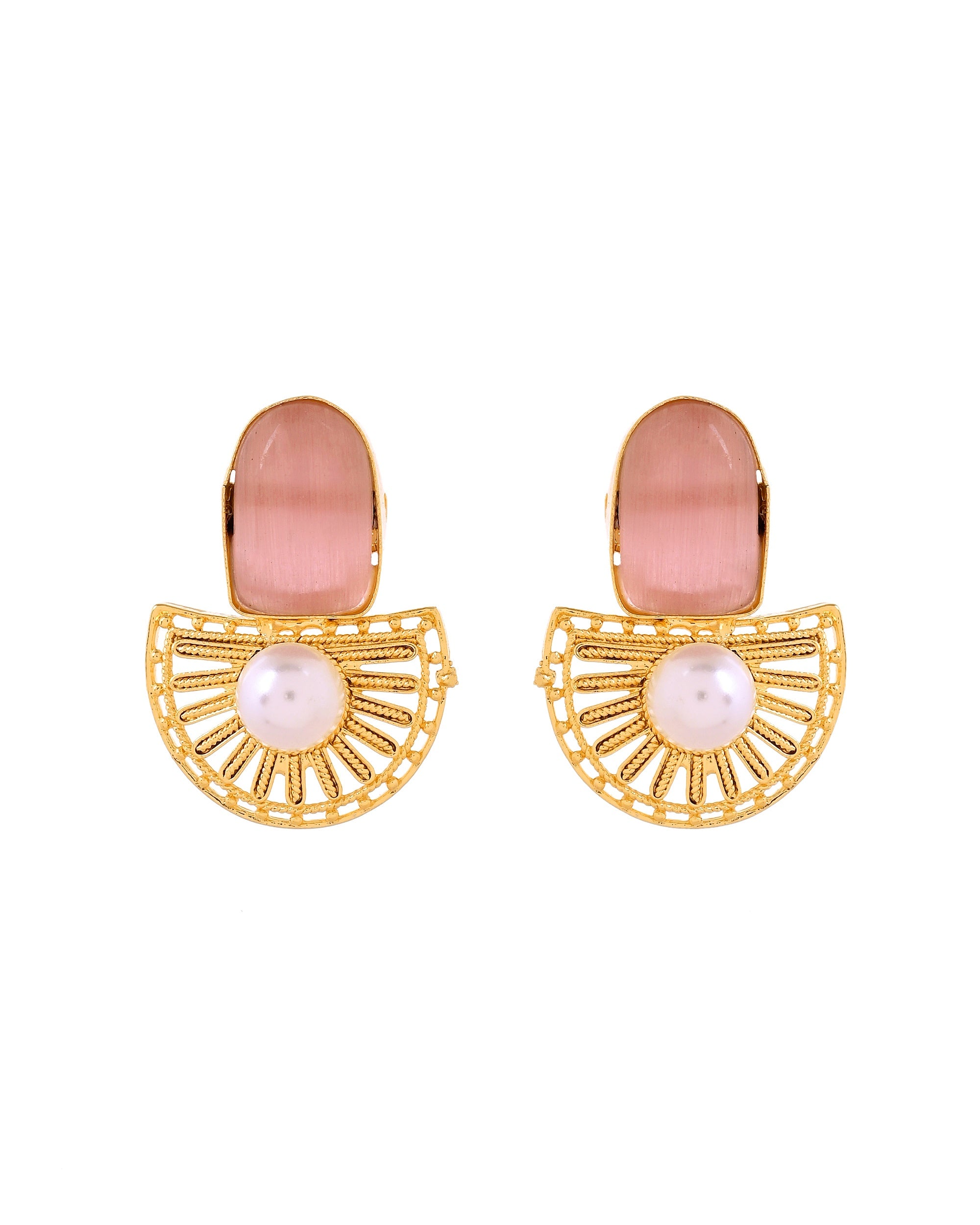 VOJ Gold Plated Pink Stone And Pearl Dome Shaped Studs Earrings - Dista